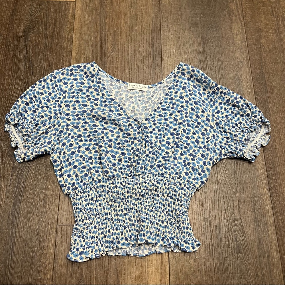Paper Crane Cropped Smocked Blue Floral Top